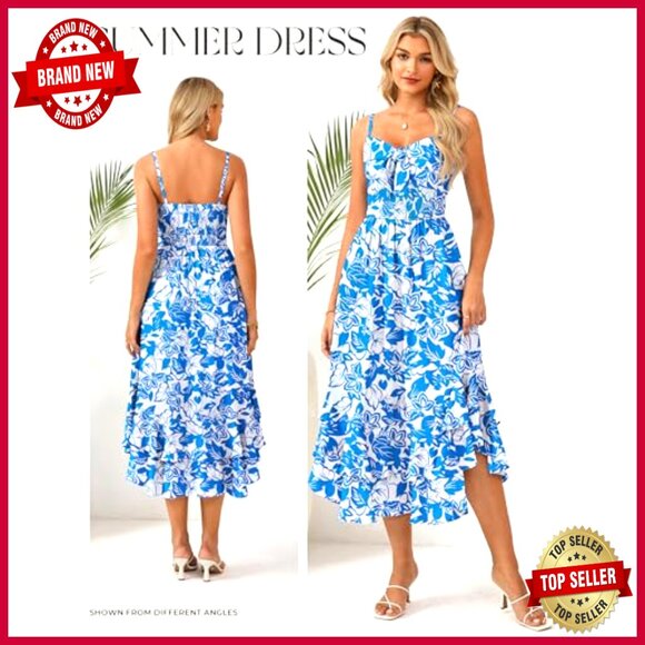 Floral Maxi Dress Spaghetti Strap A-Line Boho Beach Tiered Ruffle Casual - Picture 2 of 7